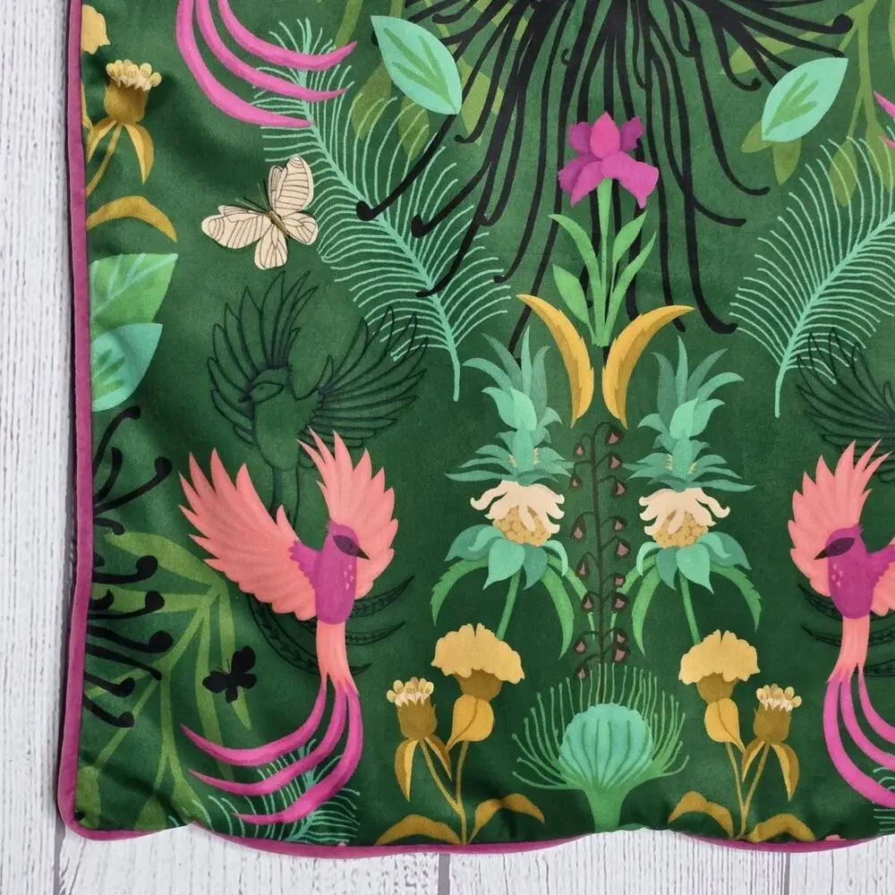 Kate Merritt KM Maximalist Velvet Cushion Cover Green Tropical Birds Floral 50cm